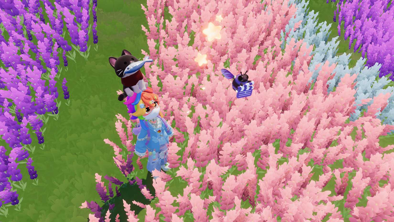 A rainbow-haired character stares a purple bee holding a director's slab in Heartopia