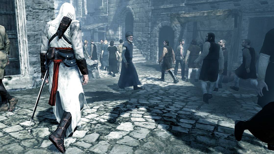 Altair walks in a crowd in Assassins Creed