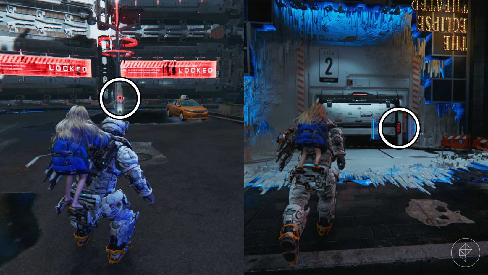 A person in a space suit carrying a girl on his back standing in front of a white pillar with a red ring and a white door with a red keypad lock.