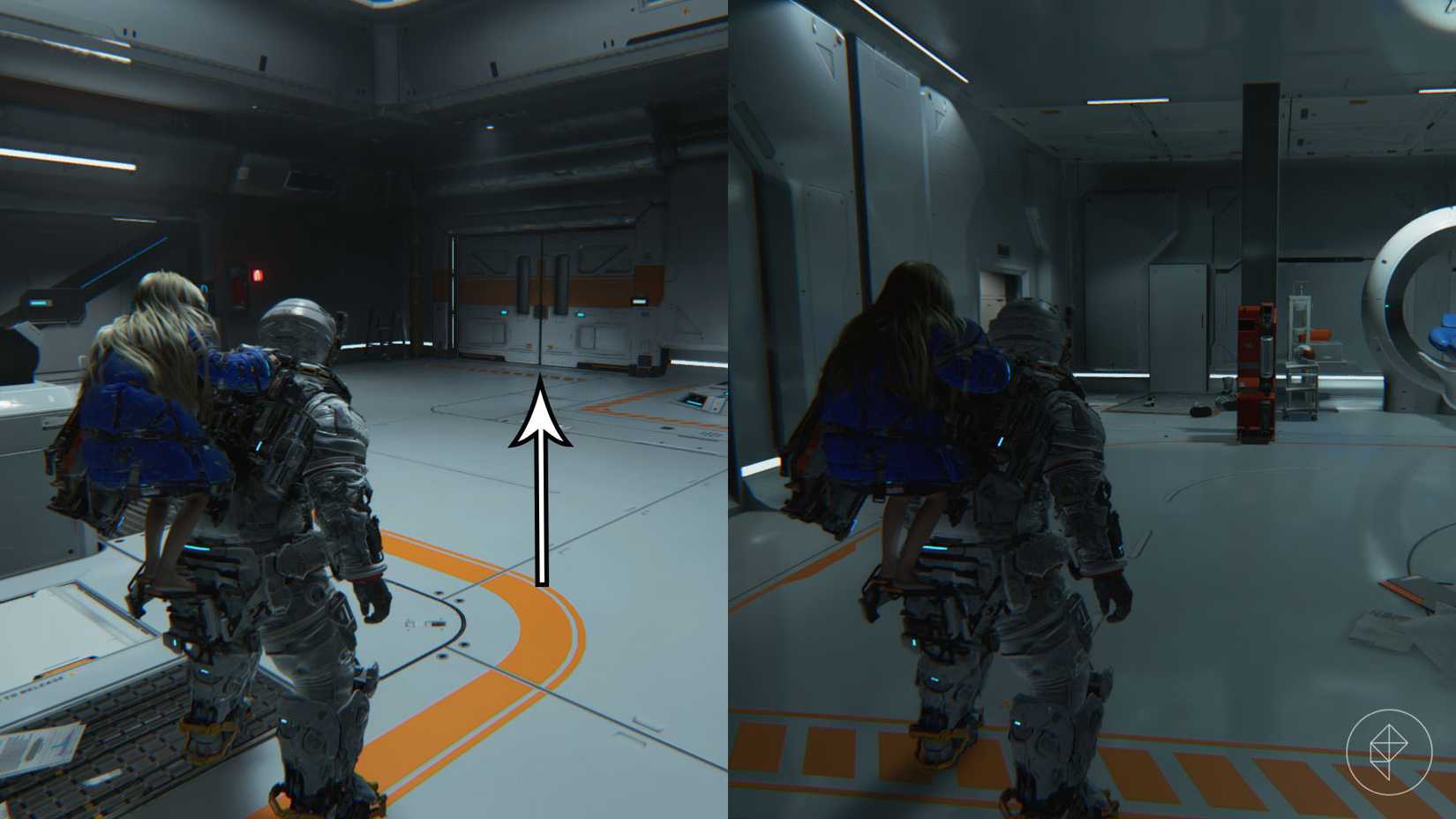 A man carrying a girl on his back standing in front of a door and a reddish-orange machine in Pragmata.