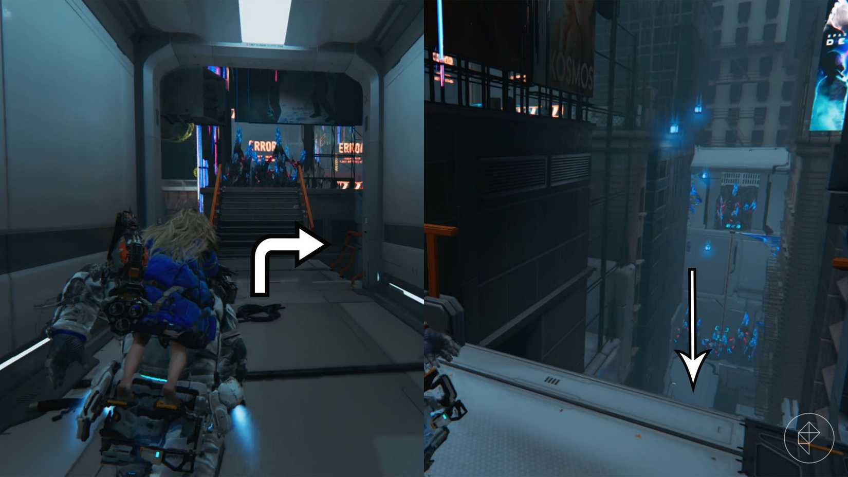 A man carrying a girl on his back heading toward a stair case with black spikes at the top and an opening in a railing.