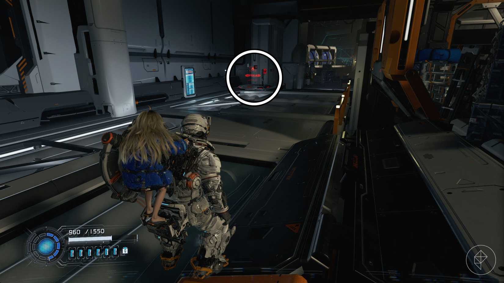 A man carrying a girl on her back looking at an escape hatch in the distance in Pragmata.