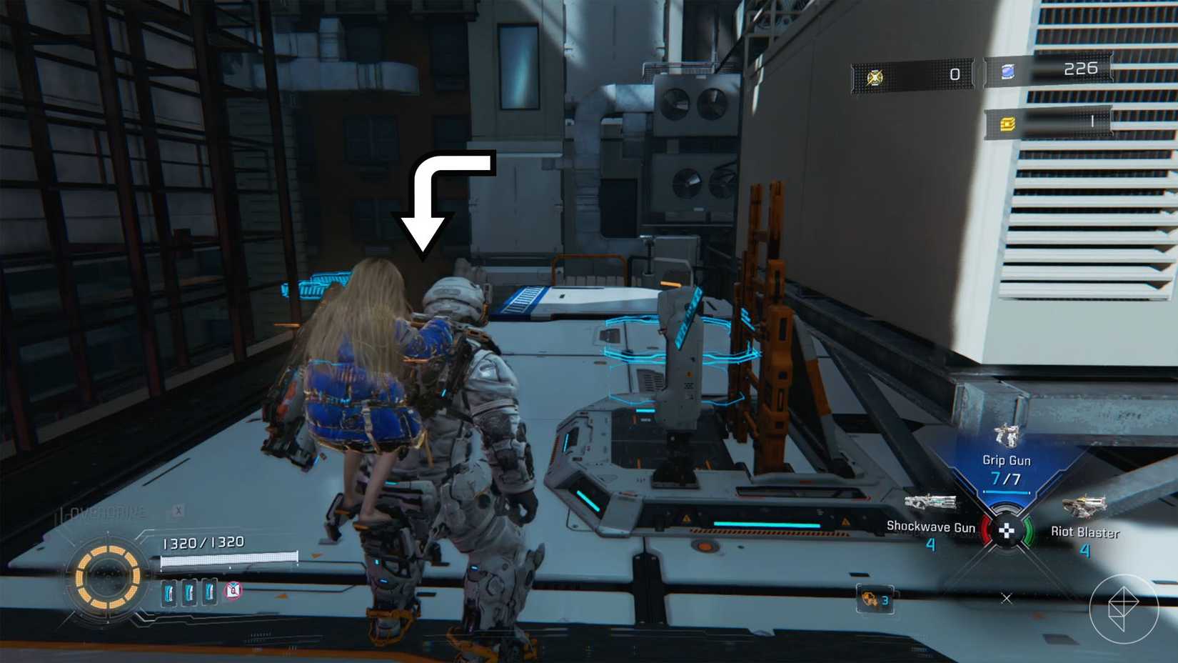 A man carrying a girl on his back standing beside an orange ladder in Pragmata.