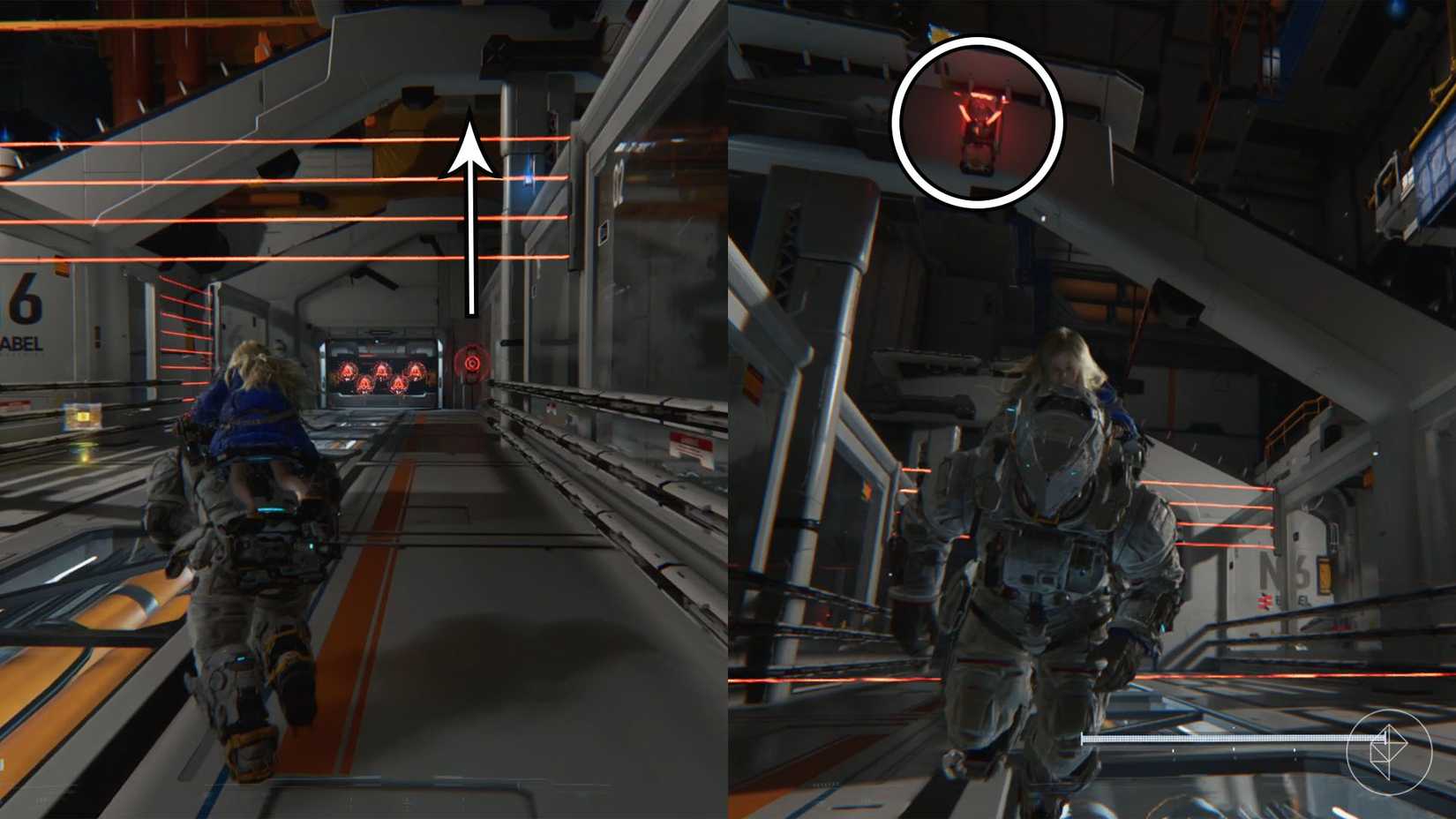 A hallway with a locked door at the end and a terminal hidden on the back of one of the terminals above.