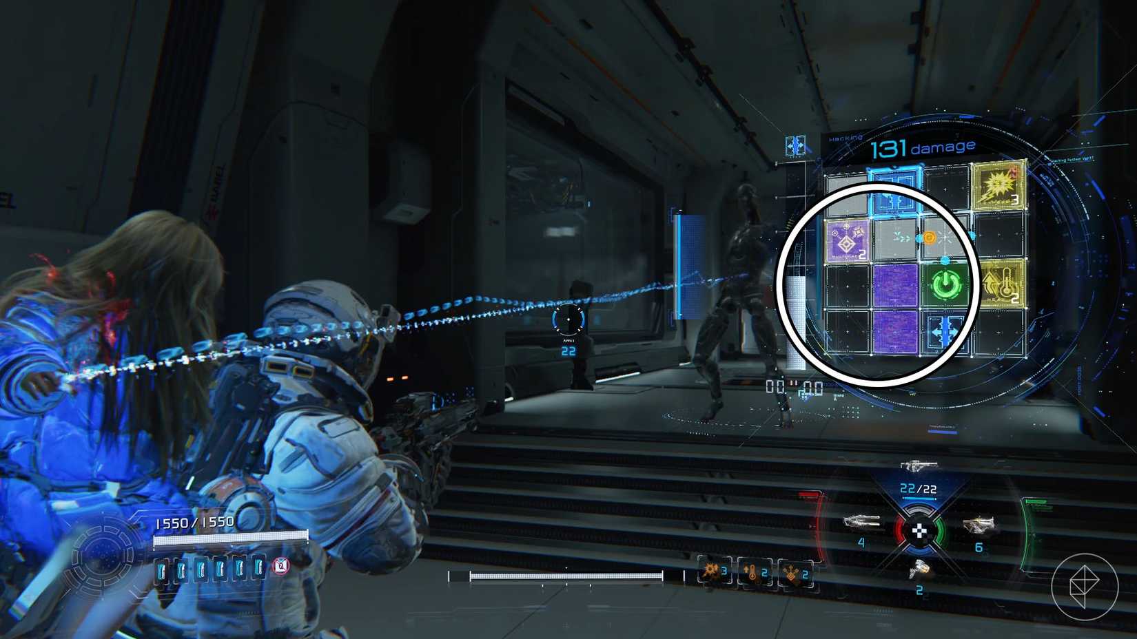 A girl on a mans back sending a light towards a humanoid robot along with a 4 x 4 grid with colored squares in Pragmata.