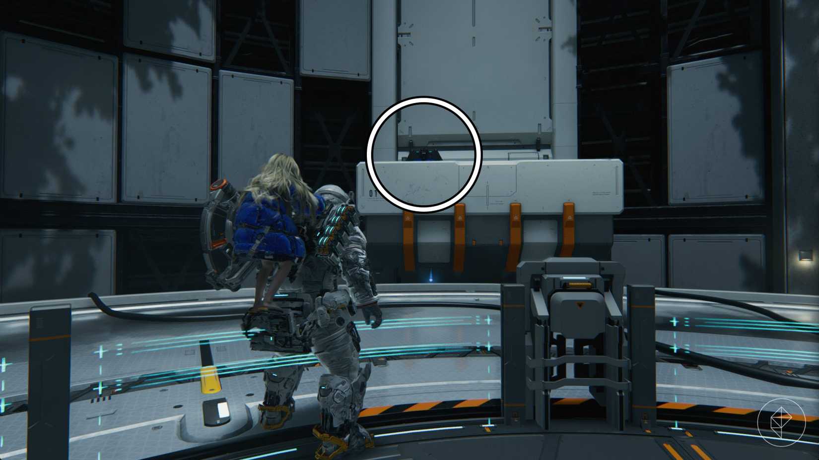 A man carrying a girl on his back looking toward a chest on a platform in Pragmata.