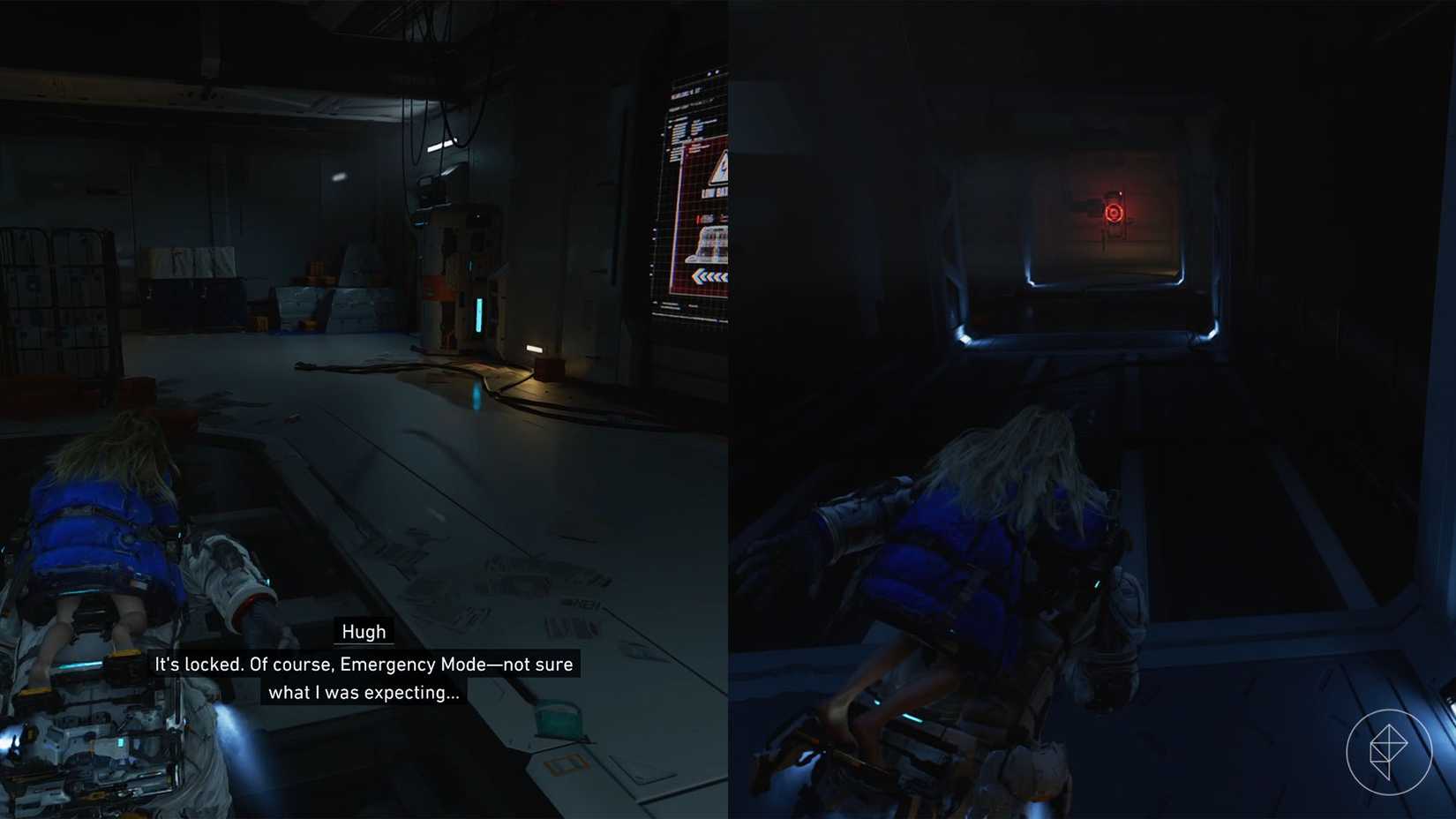 A girl on a mans back along with the path toward a red terminal in the distance in Pragmata.