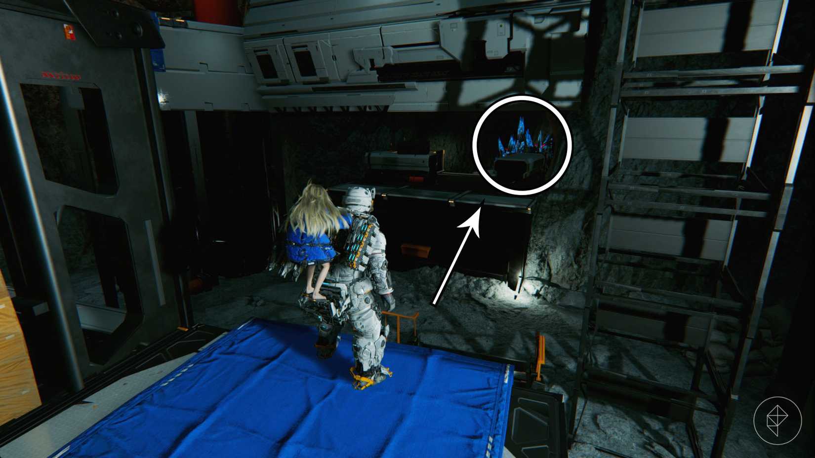 A person in a white space suit carrying a girl on their back looking toward black and blue spikes in the distance in Pragmata.