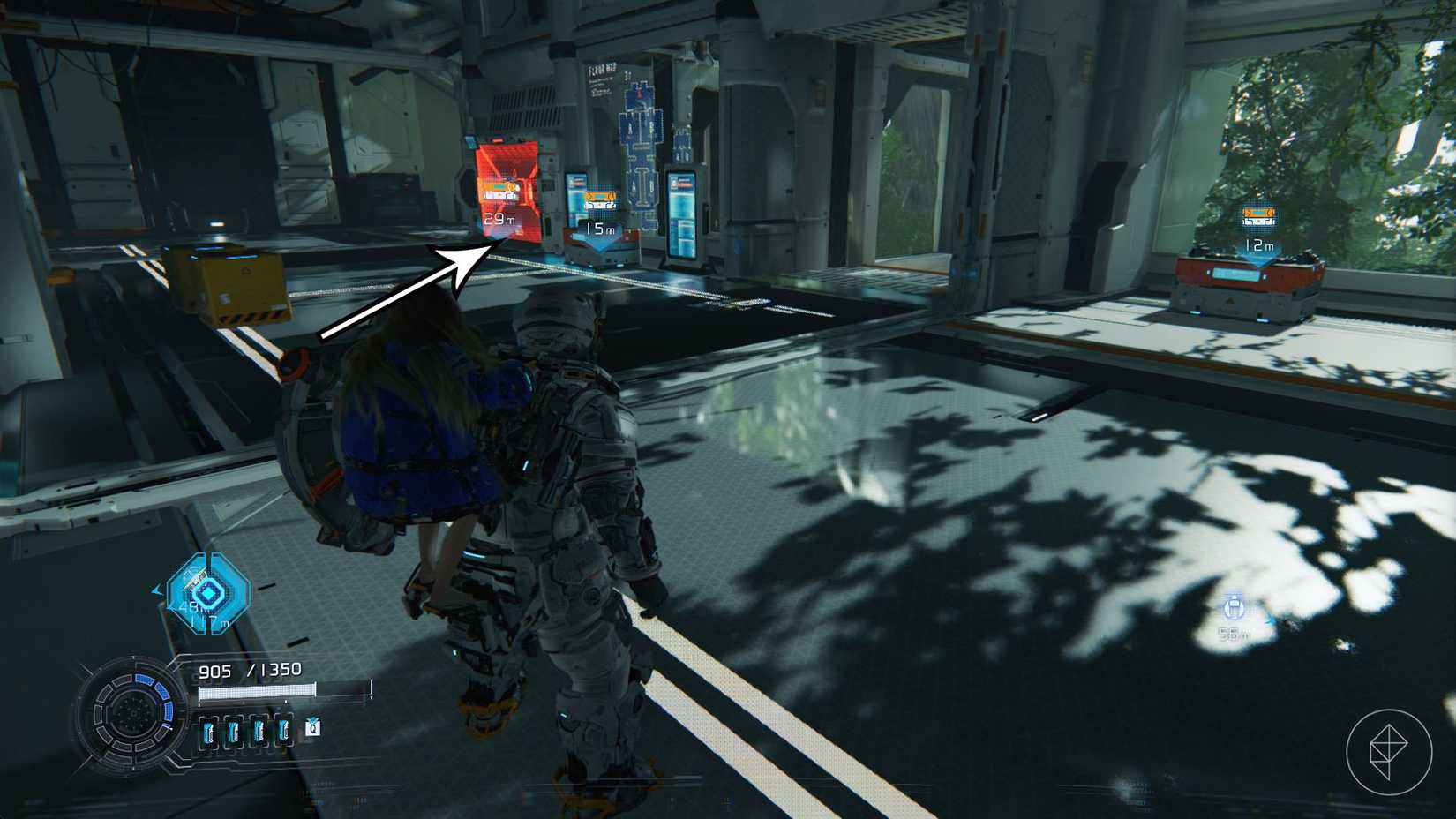 A man carrying a girl on his back standing in front of a red gate as well as three safe boxes in Pragmata.