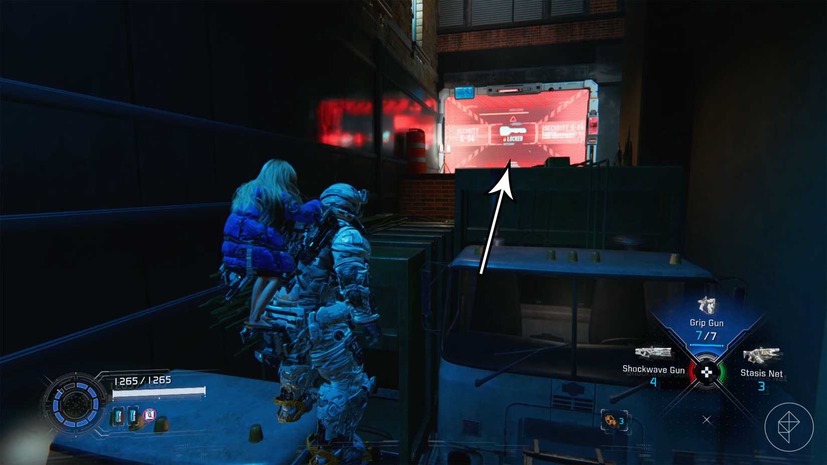 A man carrying a girl on his back heading towards a rectangular red gate in Pragmata.