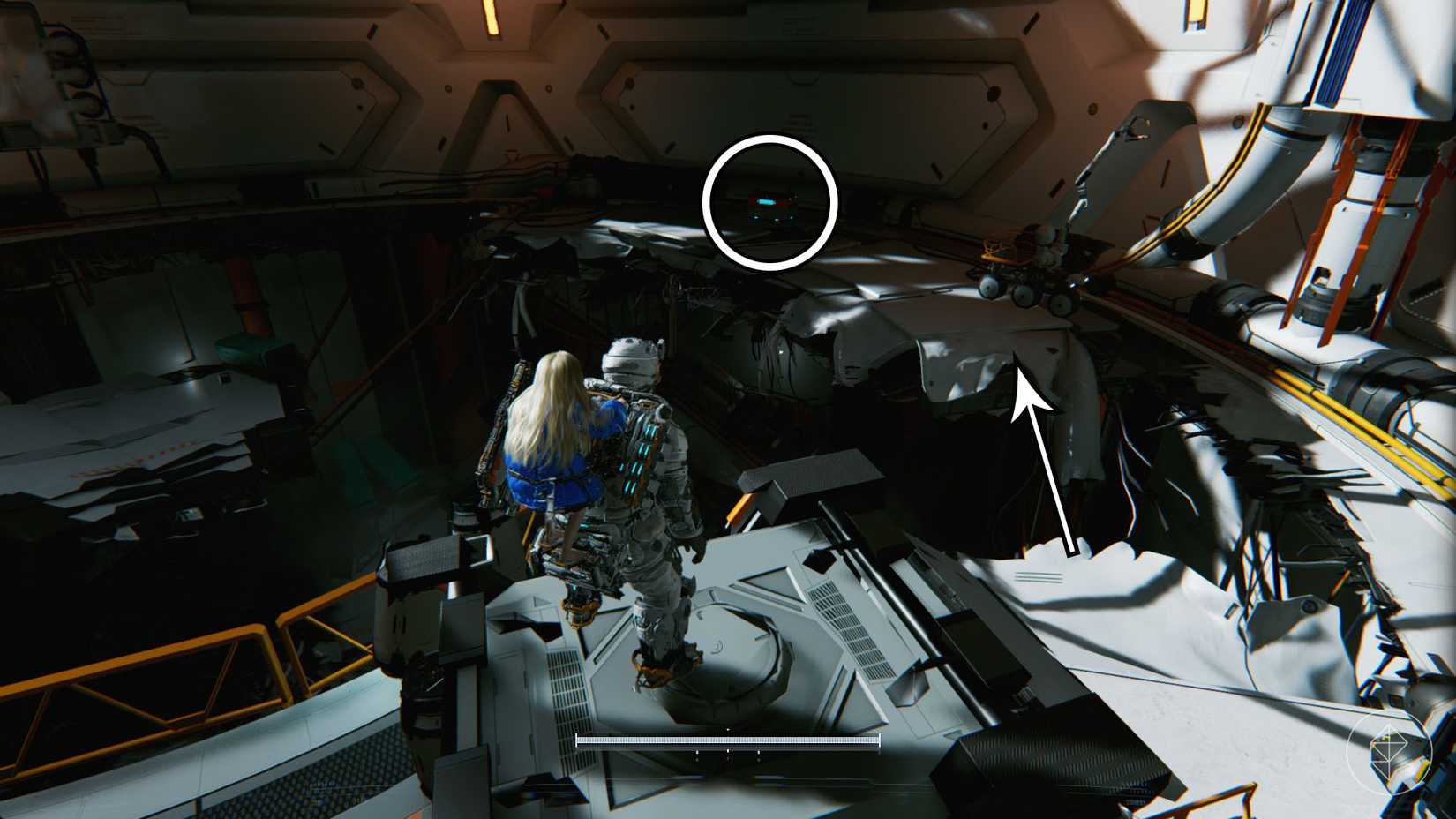 A man carrying a girl on his back looking toward a blue light that is past a gaping hole in the floor of a lunar base in Pragmata.