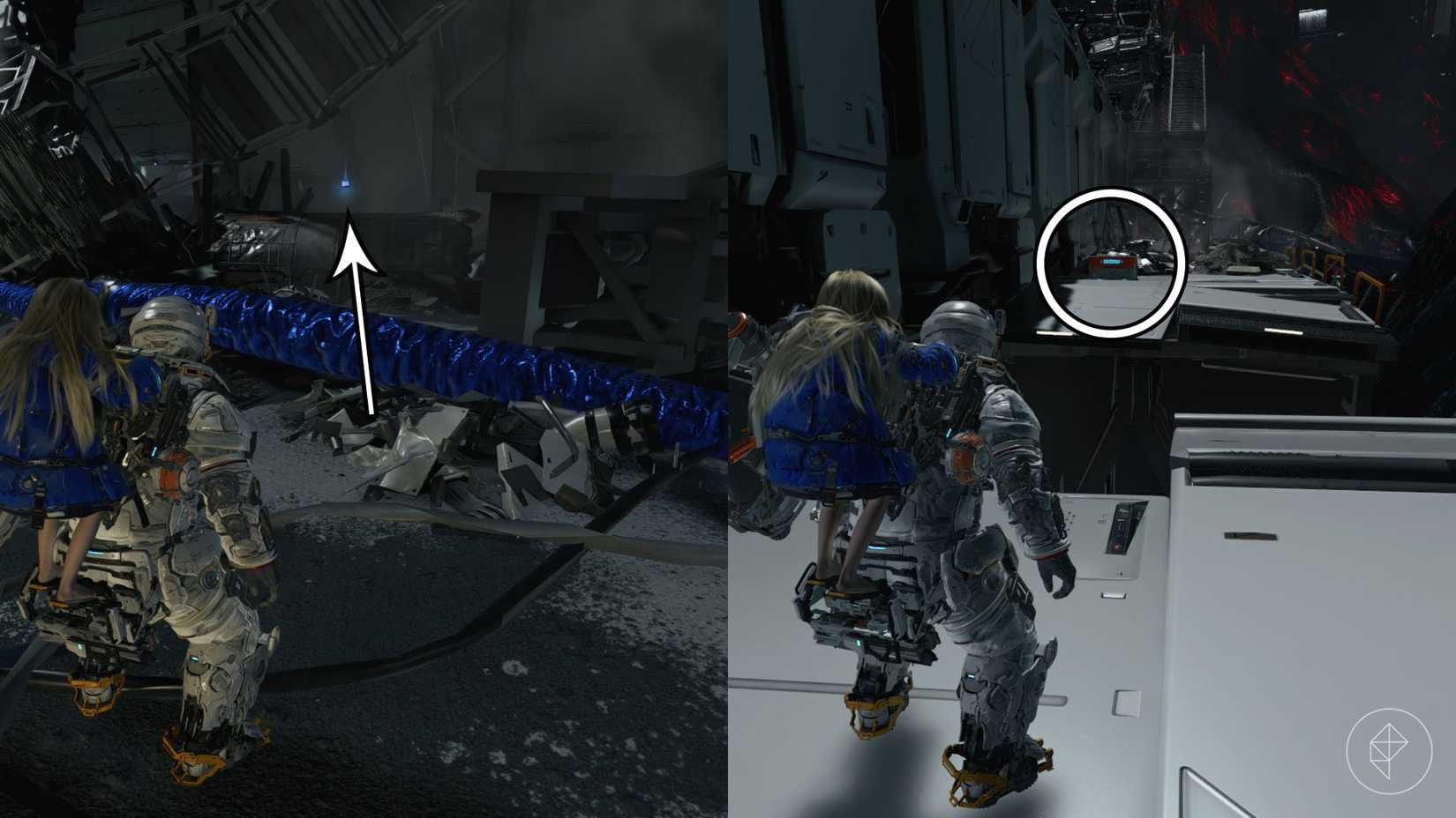 A man carrying a girl on his back looking towards rubble and a chest in Pragmata.