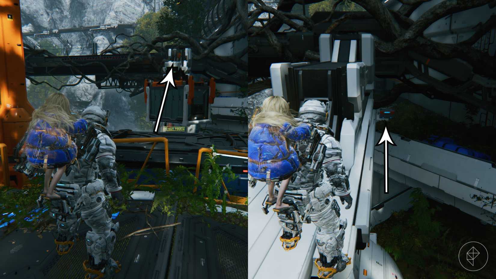 A man carrying a girl on his back looking toward a box being held by a crane and a box in a grassy field in Pragmata.