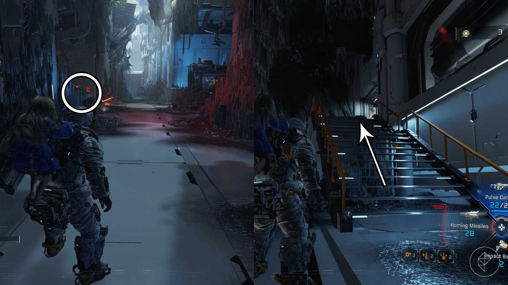 A man carrying a girl on his back standing in a dark hallway with white flooring and standing in front of a dimly lit staircase in Pragmata.