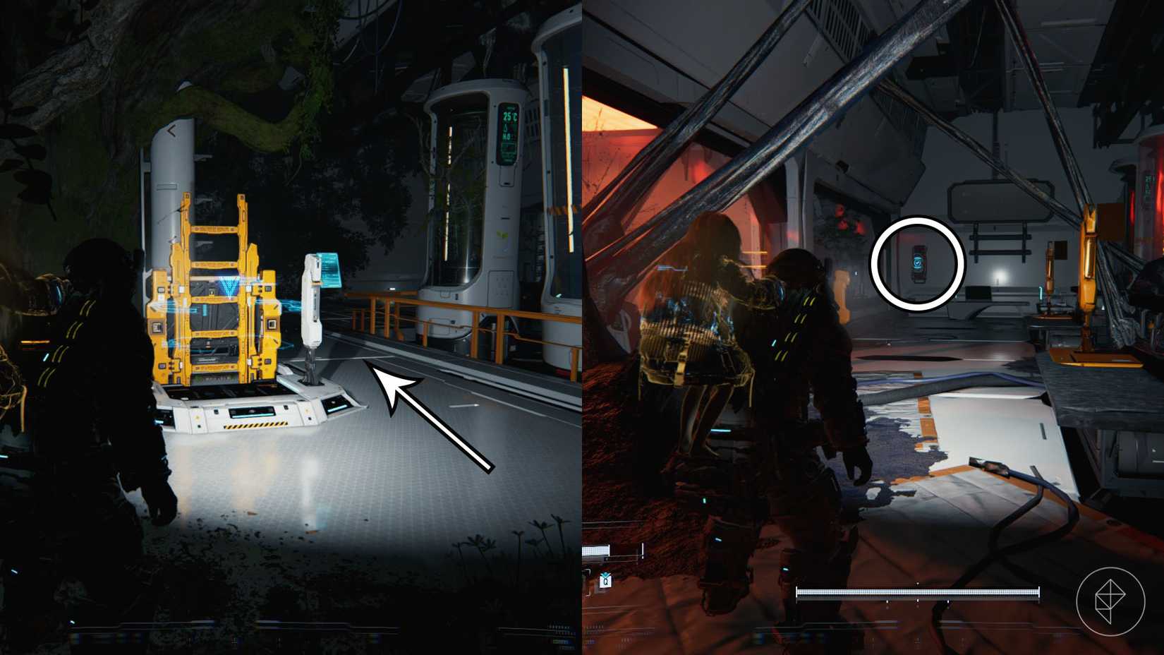 A man standing in front of a ladder in a dark room as well as a blue light in the distance in Pragmata.