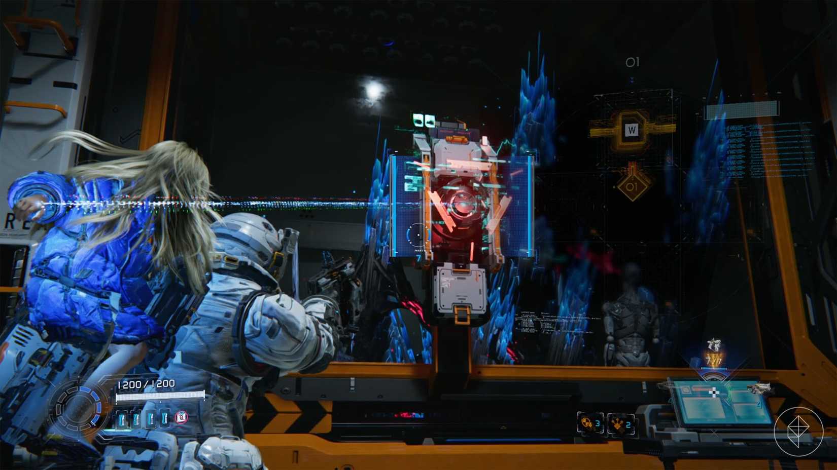 A girl on a man's back pointing a light toward a machine on the wall in Pragmata.