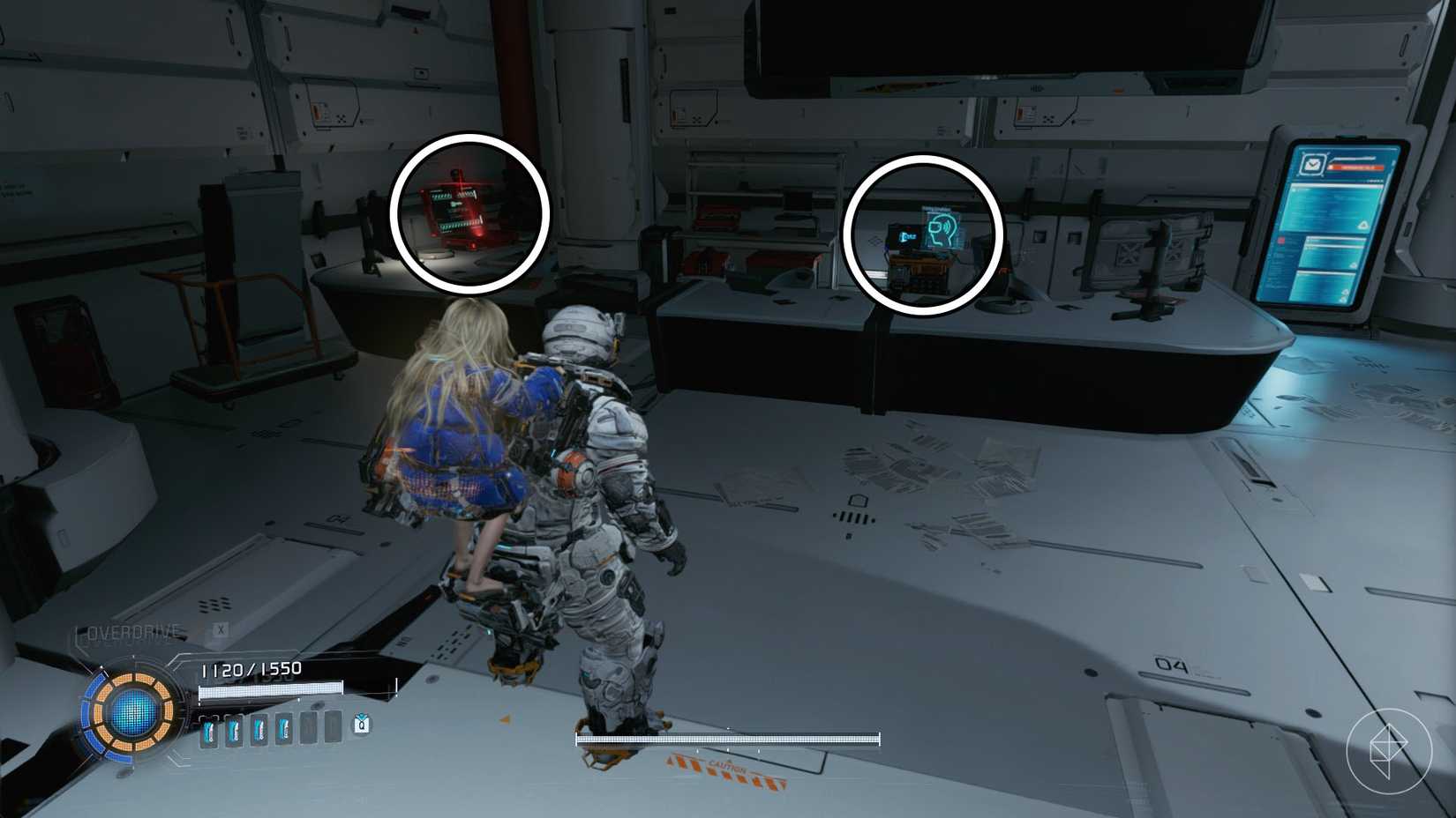 A man carrying a girl on his back looking at a red briefcase and a blue light in the shape of a human head in Pragmata.