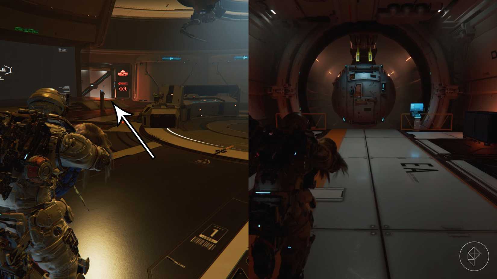 A man carrying a girl in his arms toward a door and a circular tram in Pragmata.