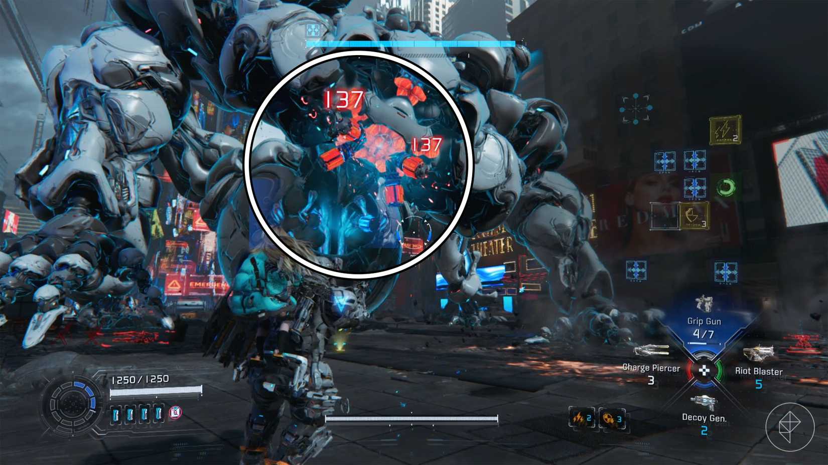 A gigantic white robot with exposed areas in red and light blue in Pragmata.