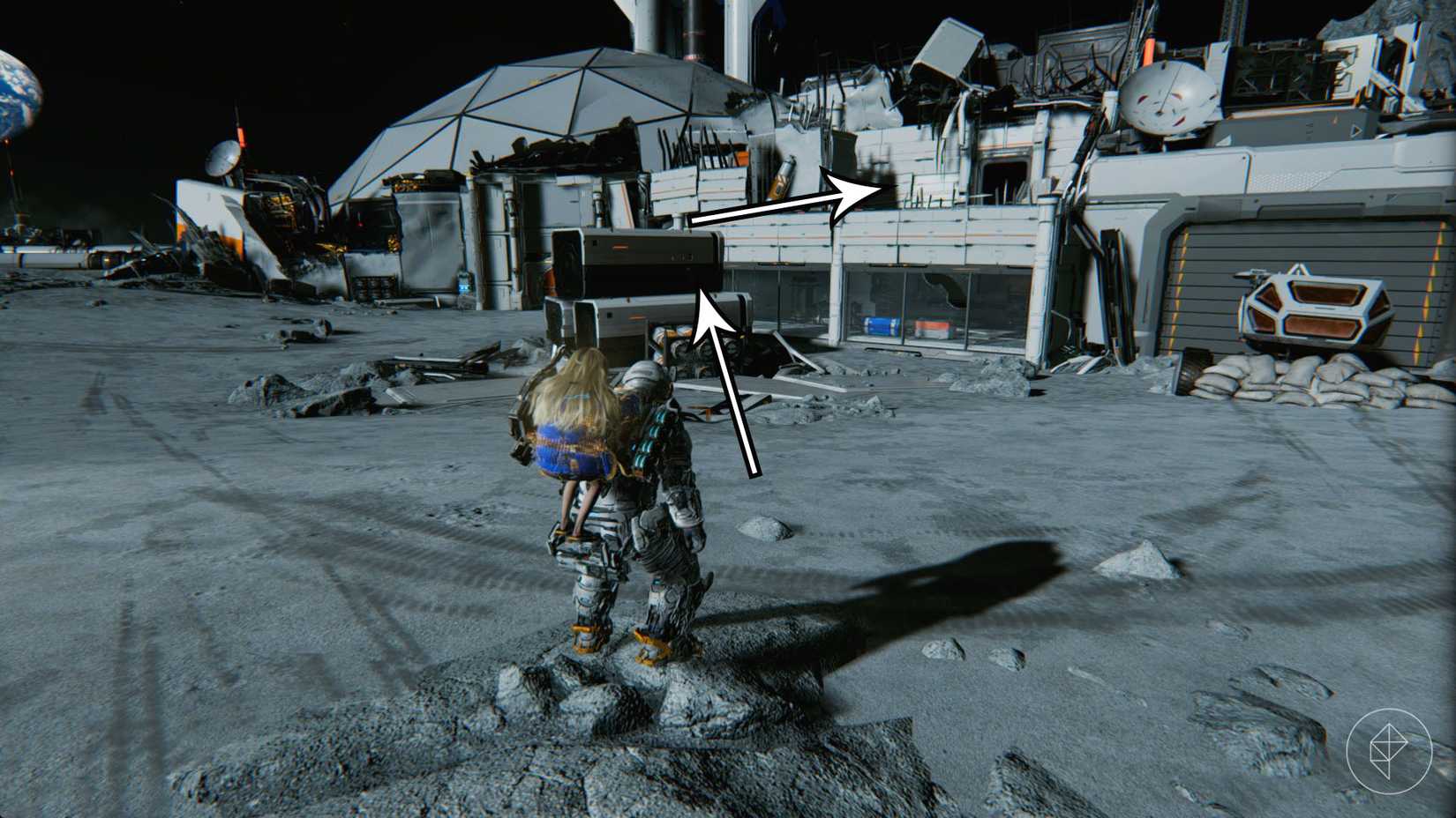 A man carrying a girl on his back looking toward a stack of storage containers in front of a building on a lunar base in Pragmata.