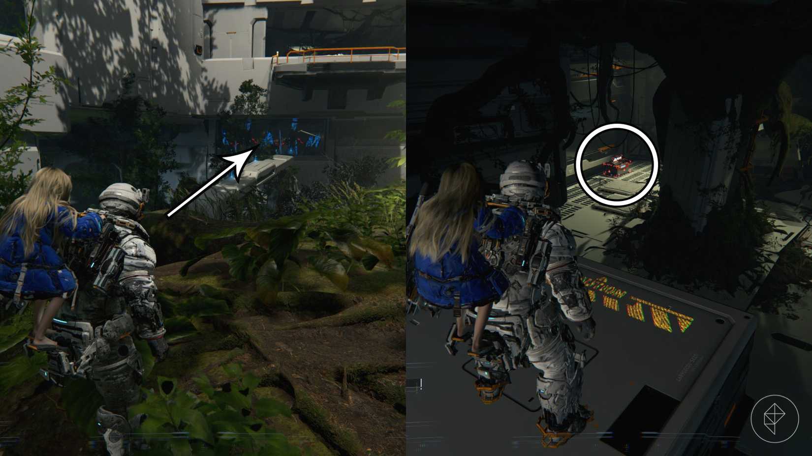 A man carrying a girl on his back heading over a white pathway and looking toward a red chest in the distance in Pragmata.