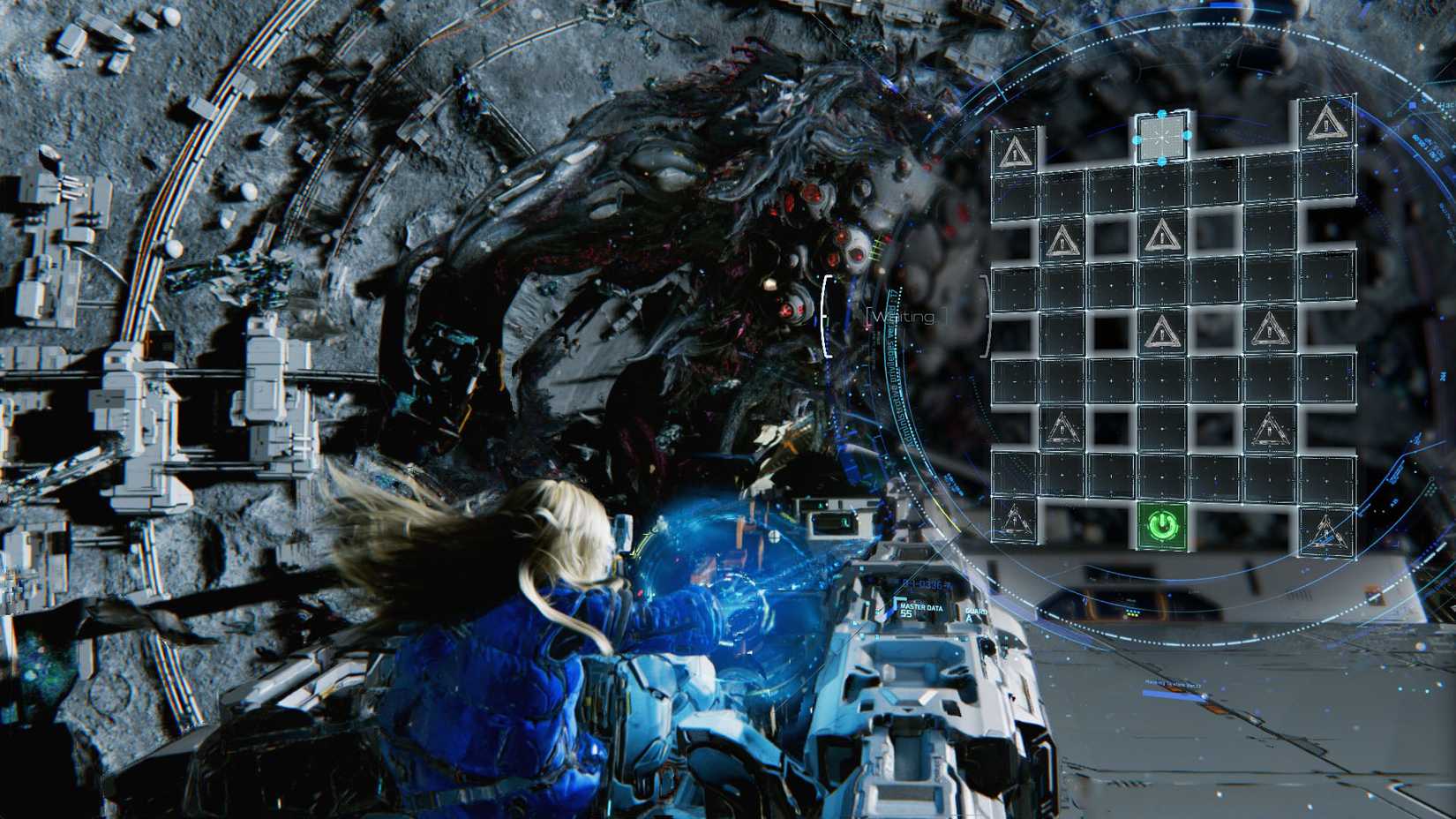 Huge and Diana aiming at a gigantic monster covered in black material on the surface of the moon.