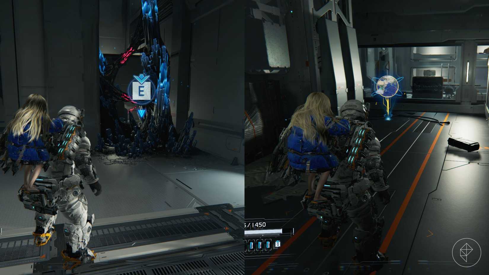 A man in a space suit standing in front of large black and blue spikes and a holographic image of the Earth in Pragmata.