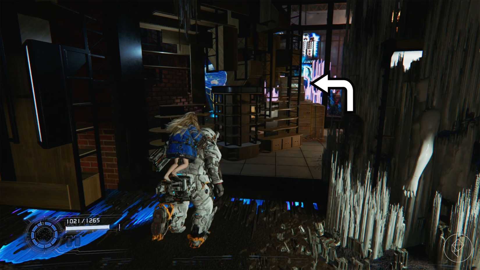 A man carrying a girl on his back walking through a hallway with a white spikes and wooden shelves in Pragmata.