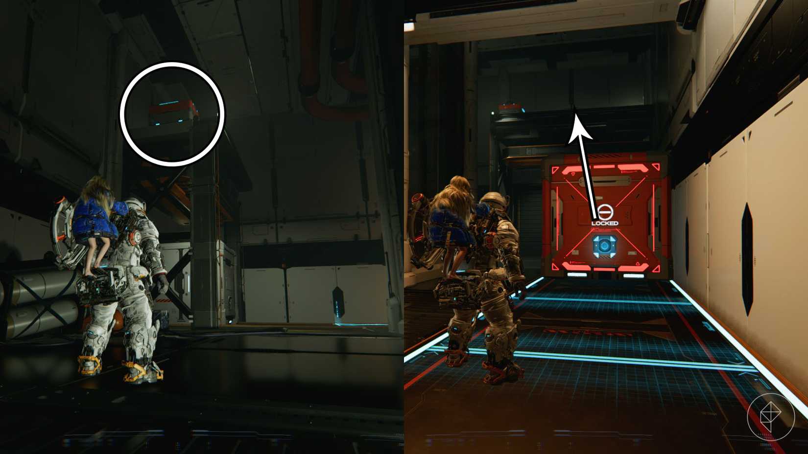 A man and a girl looking at a chest on a platform and an orange box in Pragmata.