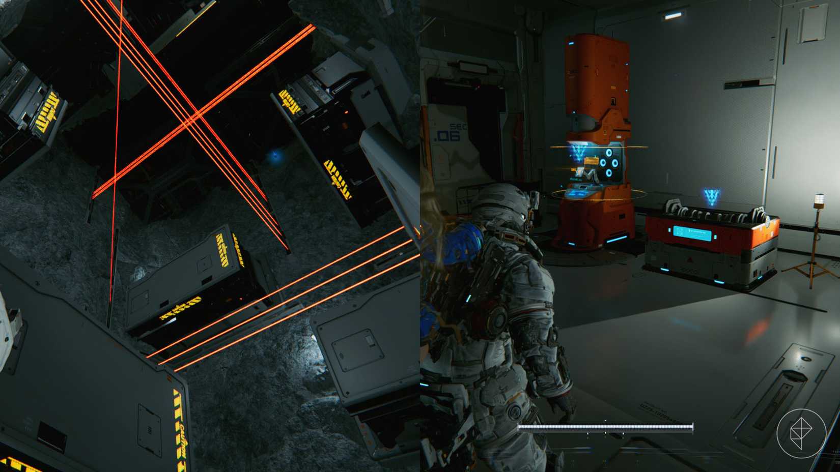 A man looking upward toward platforms coming out of the wall and lasers in Pragmata.
