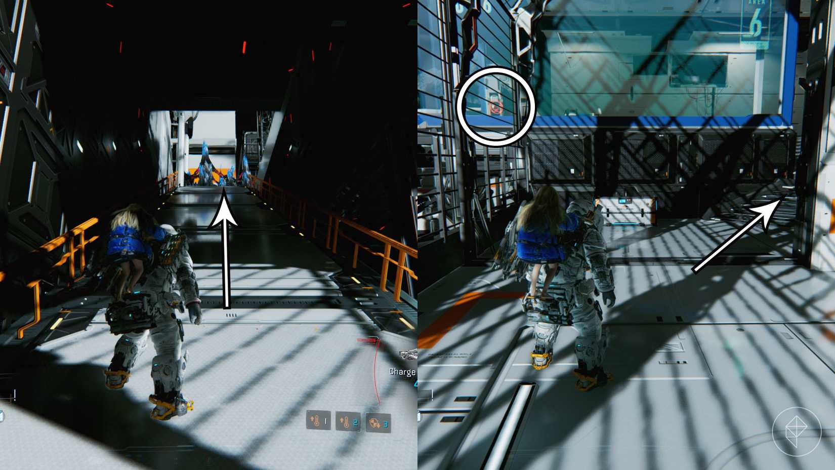 A man carrying a girl on his back looking toward a black and blue spike at the top of a ramp and a red light behind a window in Pragmata.