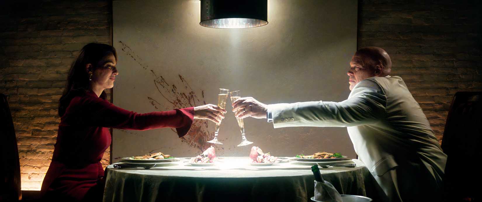 Kingpin and Vanessa toast over a meal in Daredevil: Born Again
