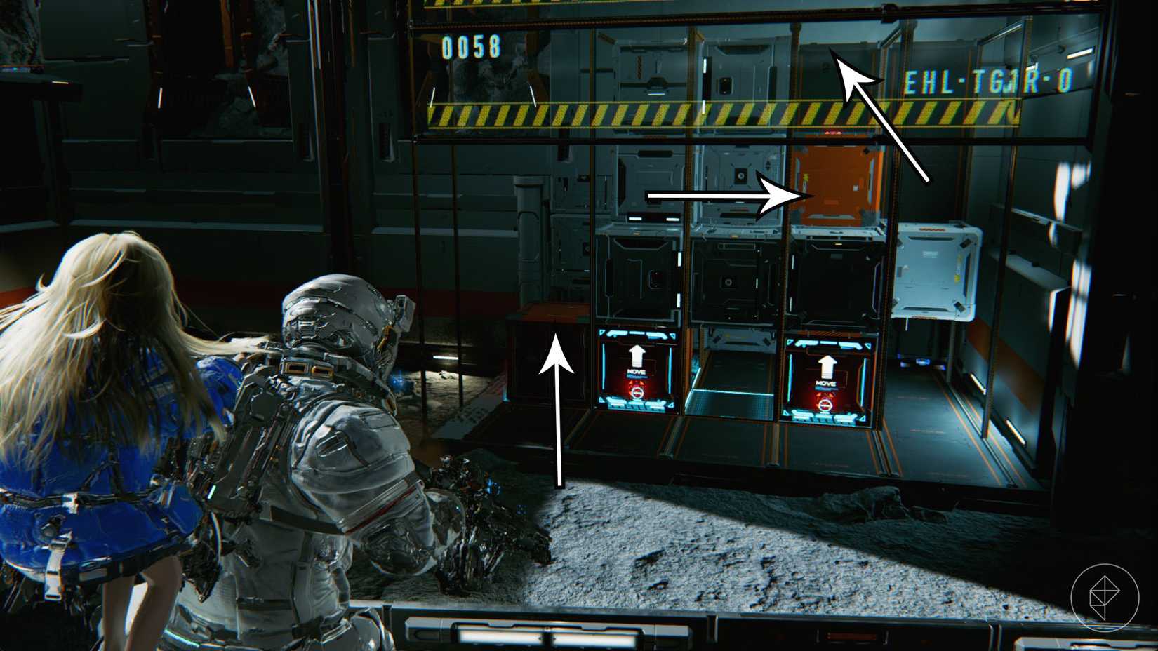 A man carrying a girl on his back looking toward an assortment of orange and white containers in Pragmata.