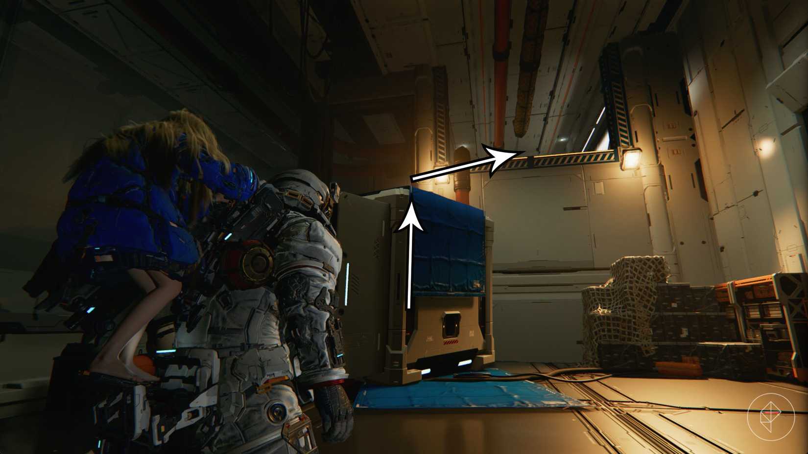 A man carrying a girl on his back looking toward a white box with a blue tarp and a hole in the wall in Pragmata.