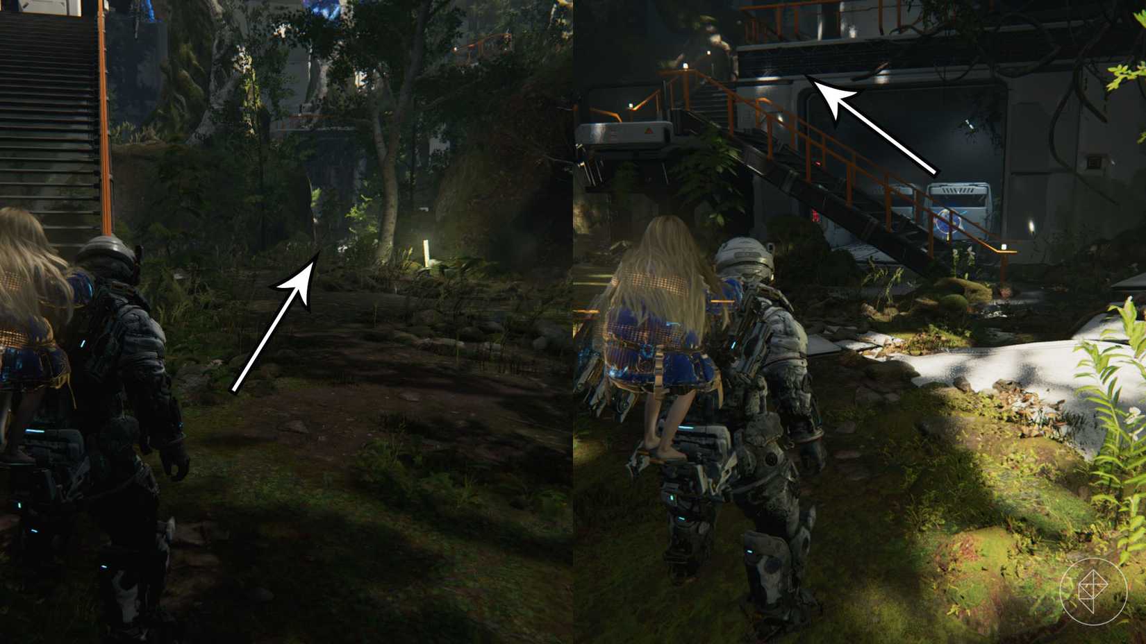 A man in a space suit carrying a girl on his back going through a grassy path and up stairs in Pragmata.