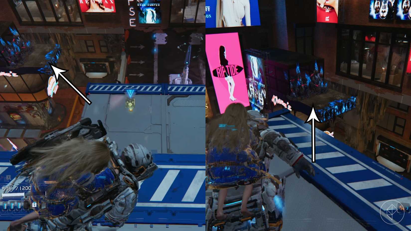 A man carrying a girl on his back heading toward black and blue spikes on a distant platform in Pragmata.