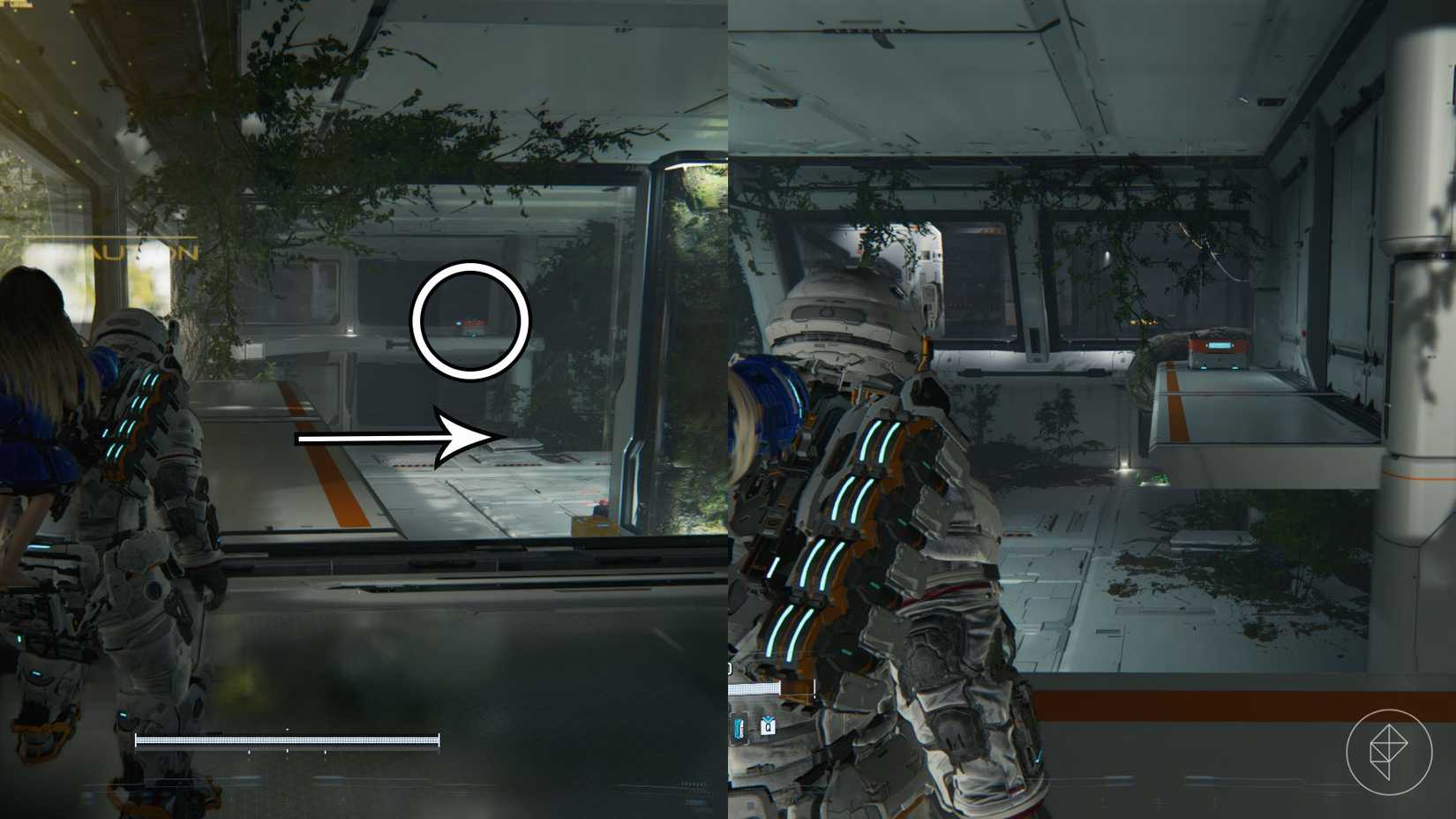 11 - Safe boxes_PRan standing in front of a faint yellow barrier that leads to another room with platforms and chests in Pragmata.