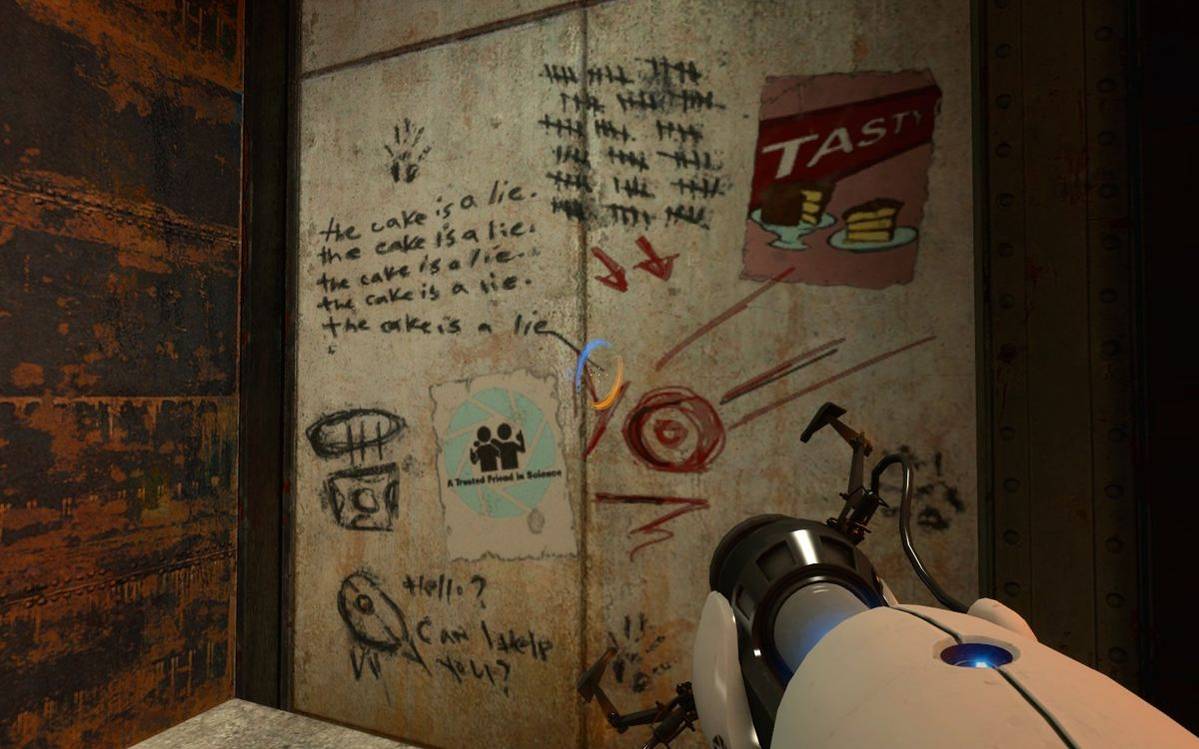 The Portal protagonist aims a portal gun at graffiti saying the cake is a lie