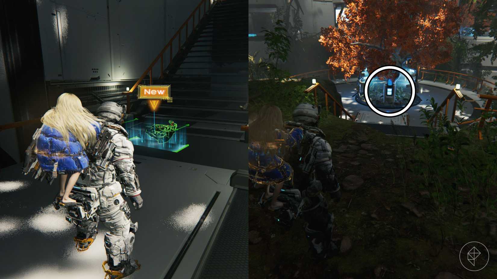 A man in a space suit carrying a girl on his back looking at a green gun on a floor and a panel in front of a tree with orange leaves in Pragmata.