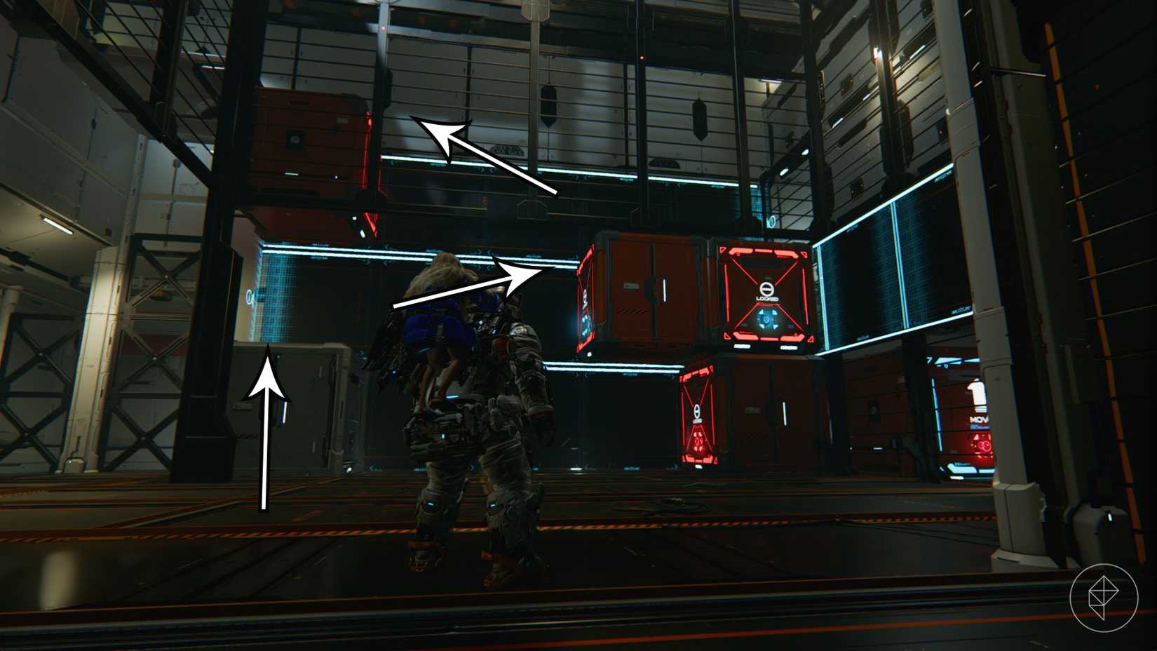 A man looking at an assortment of orange boxes in a dark room with arrows pointing the way to the top.