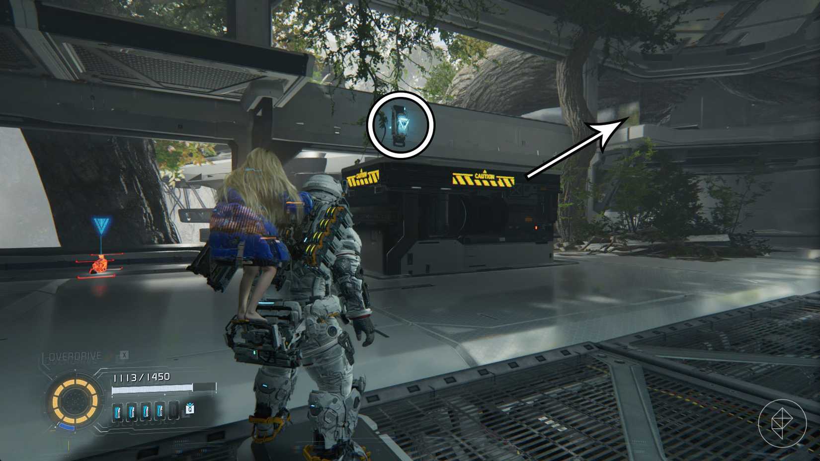 A man carrying a girl on his back looking toward a blue light on the wall in Pragmata.