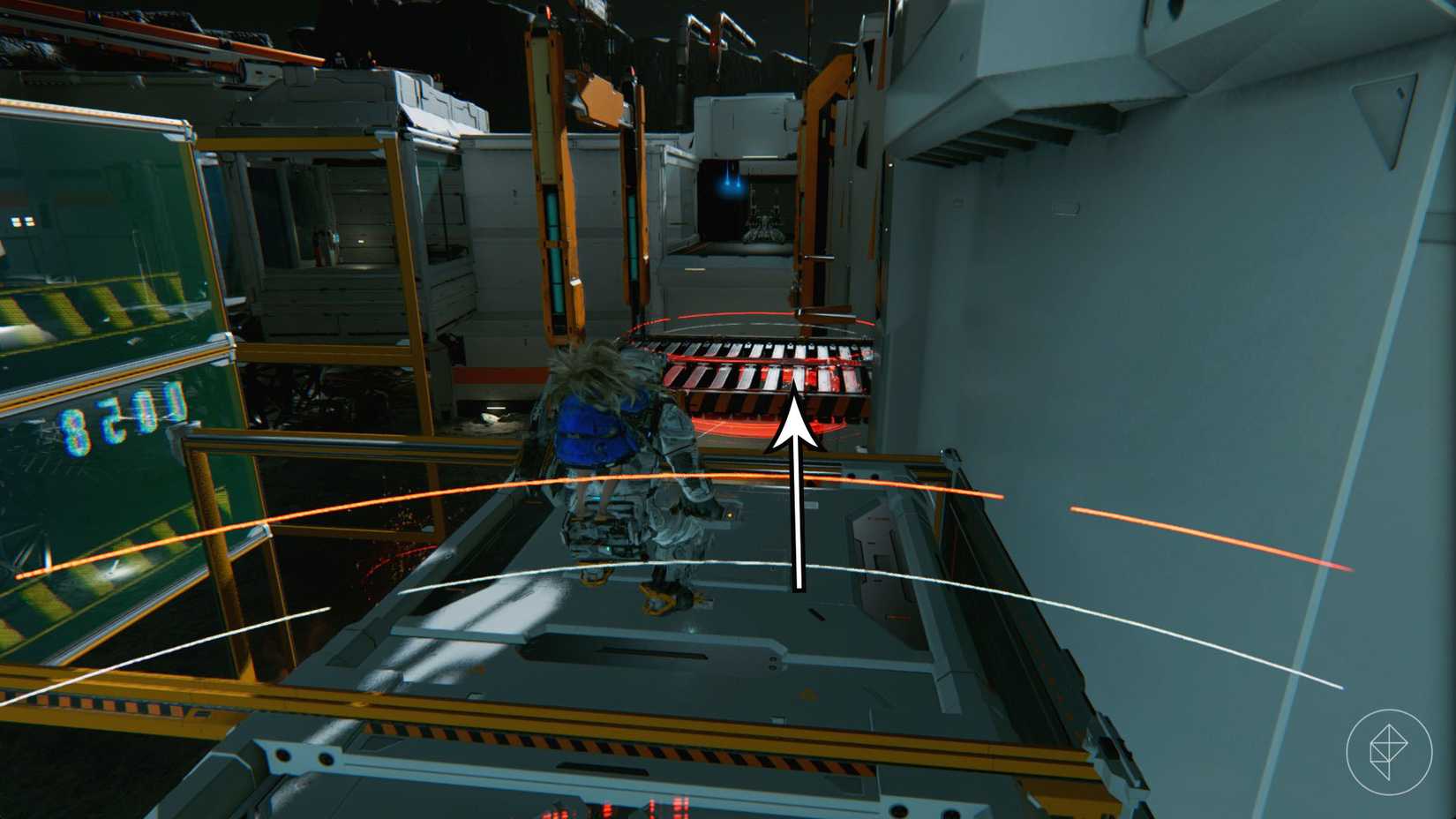 A man carrying a girl on his back standing in front of a grated platform in Pragmata.