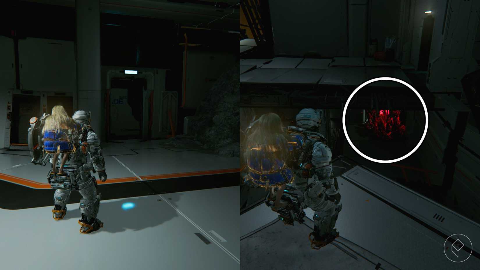 A man carrying a girl on his back standing in front of a door and a black and red spike in Pragmata.