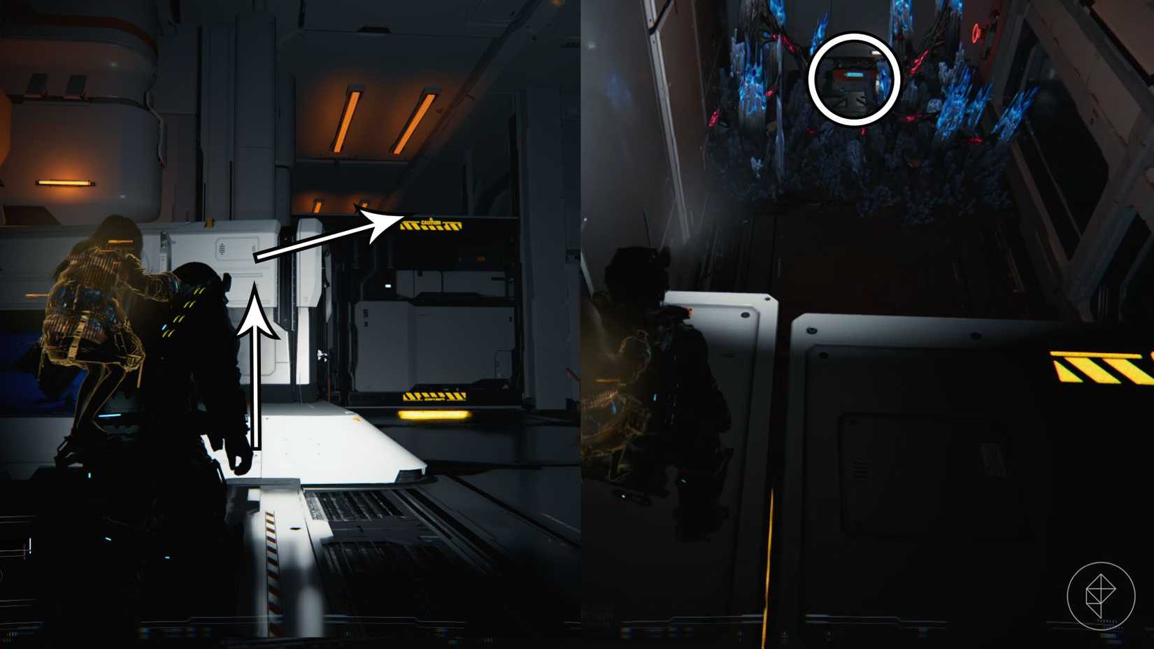 A man carrying a girl on his back in a dark room looking toward a white container and large black and blue spikes in Pragmata.