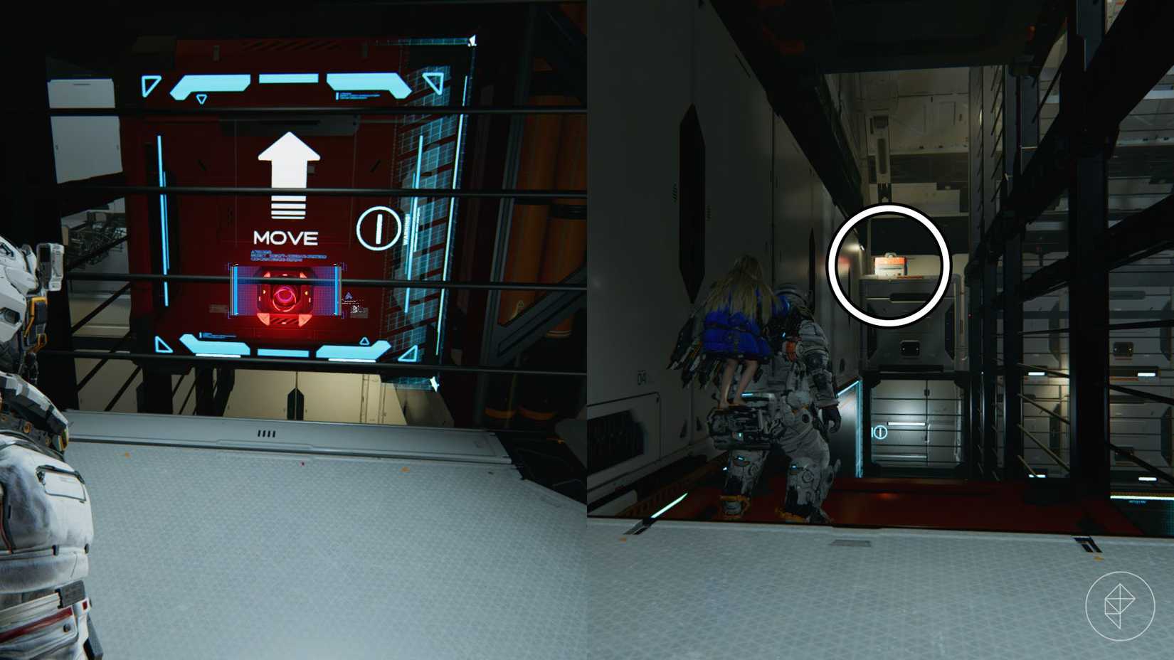 A man looking at an orange box with a white arrow on it and a chest in the distance.