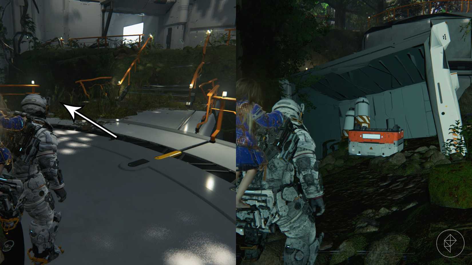 A man in a space suit carrying a girl on his back looking at a broken rail and a chest in a container in Pragmata.