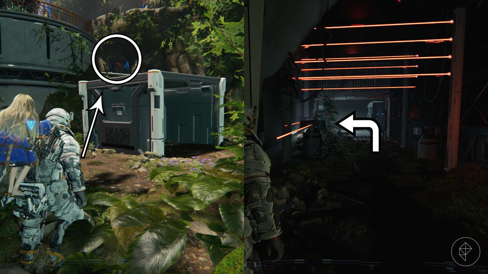 A man carrying a girl on his back looking toward a hole in the cliff side and a hallway full of red lasers in Pragmata.