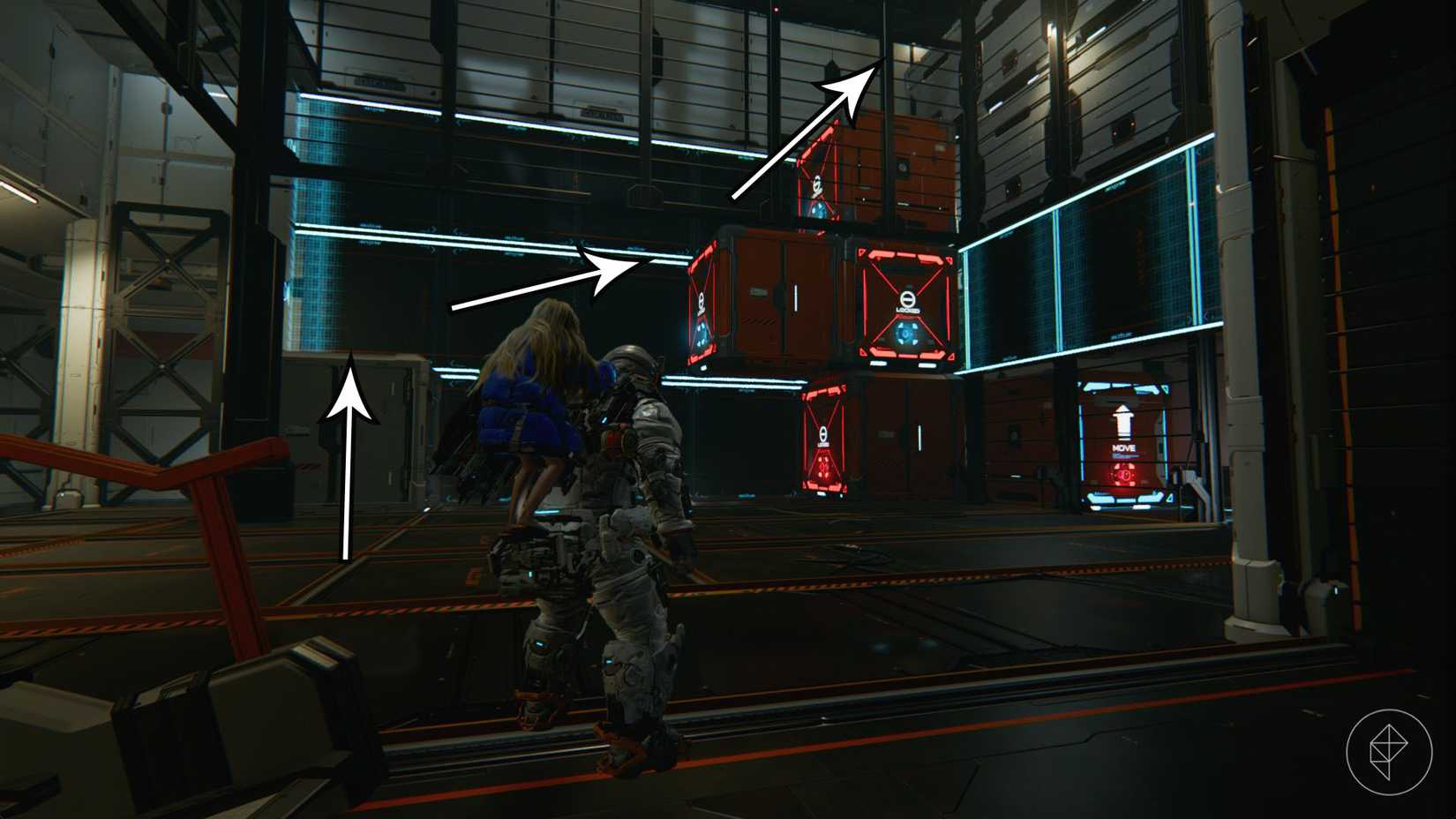 A man looking at an assortment of orange boxes along with arrows marking the direction in Pragmata.