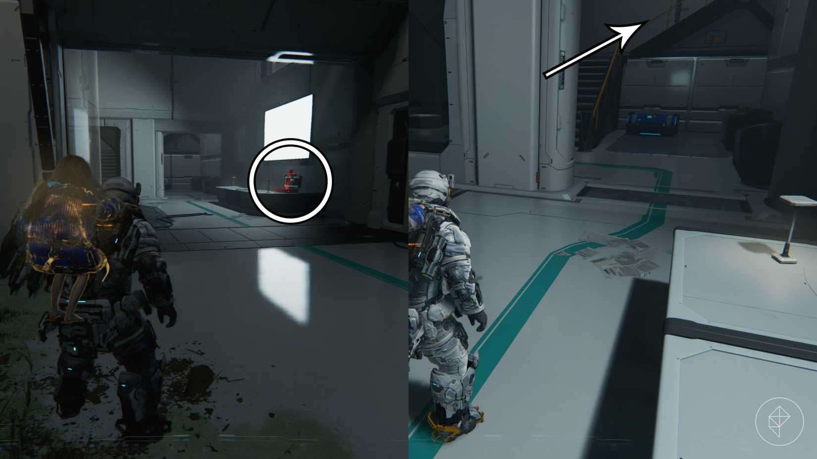 A man carrying a girl on his back looking at a brief case and a blue chest in the distance in Pragmata.