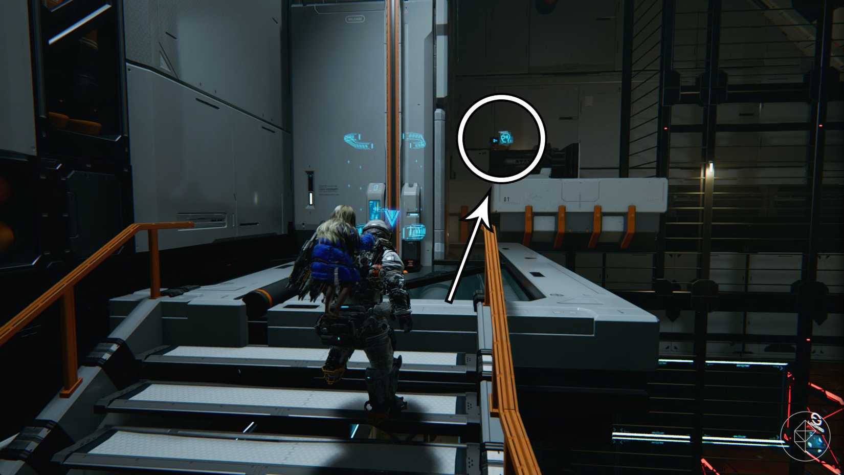 A man looking at a blue screen in the distance beside an elevator lift in Pragmata.